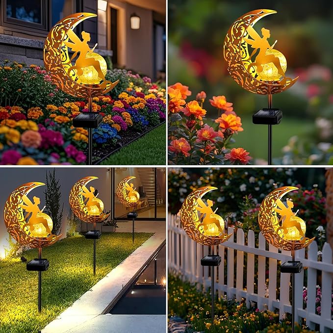 YJFWAL Garden Solar Lights Pathway Stake Lights Moon Fairy Glass Globe with Angel Decor, Gifts for Mom Grandma Friends, Outdoor Decor Light Waterproof for Walkway, Yard, Patio or Garden (Warm White)-Ruum Studio Home