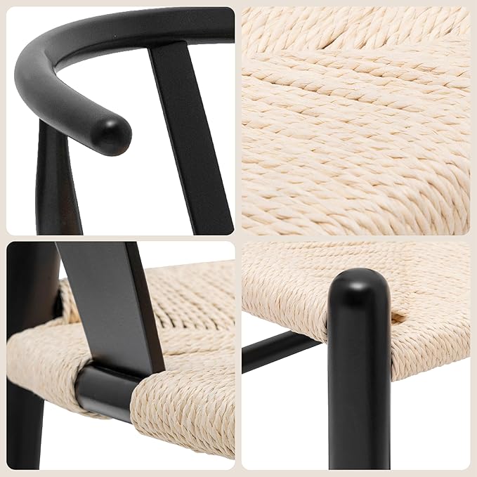 POLY & BARK Weave Dining Chairs – Mid-Century Modern Wishbone Dining Chairs with Arms, Solid Wood Frame, Indoor Use – Black – Set of 2 - Ideal for Dining Room, Kitchen or Stylish Accent Setting-Ruum Studio Home