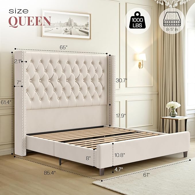 PaPaJet Queen Size Bed Frame with 61.4" Tall Headboard, Velvet Modern Upholstered Tufted Bed for Adults, Handmade Deep Button Tufting, Solid Wood Legs, No Box Spring Required, Cream-Ruum Studio Home