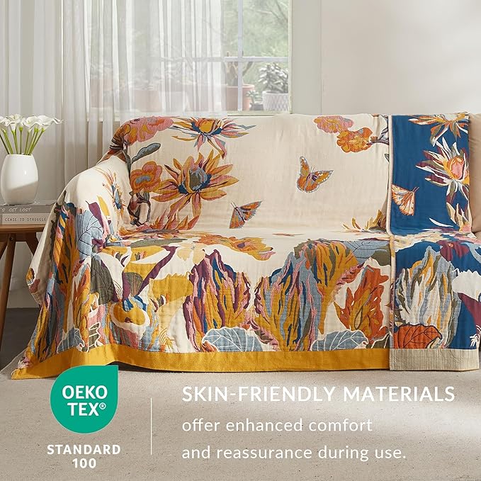 Boho Throw Blanket for Couch Sofa Bed, 100% Cotton Woven Quilt with Tassel 60”x80”, Super Soft Muslin Blanket with Floral Printed, Decorative Reversible Bed Blanket/Cover for All Seasons-Ruum Studio Home