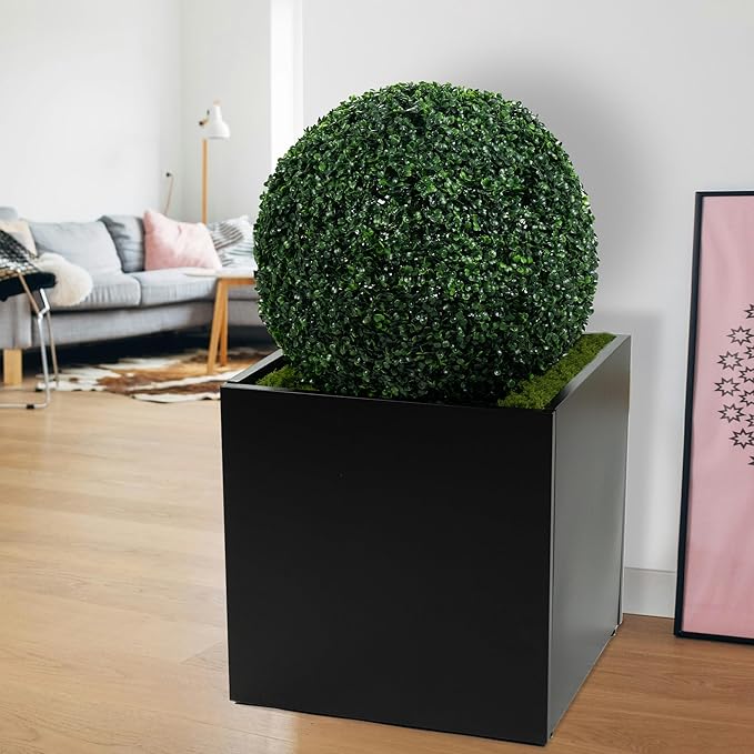 Kozyard 20'' Cube Metal Planter Steel Planter Box Black Steel Flower Pot with Saucer Partition Panel for Trees Plants Flowers Indoor Outdoor Garden Patio Deck Yard-Ruum Studio Home