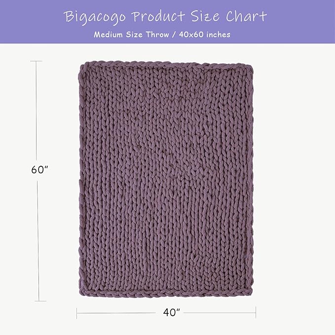Bigacogo Chunky Knit Throw Blanket for Couch, 40x60 inches, 100% Hand Knitted with Thick Jumbo Chenille Yarn, Cozy Soft Large Rope Knot Cable Crochet Blankets for Sofa Bed Living Room, Winter Grape-Ruum Studio Home