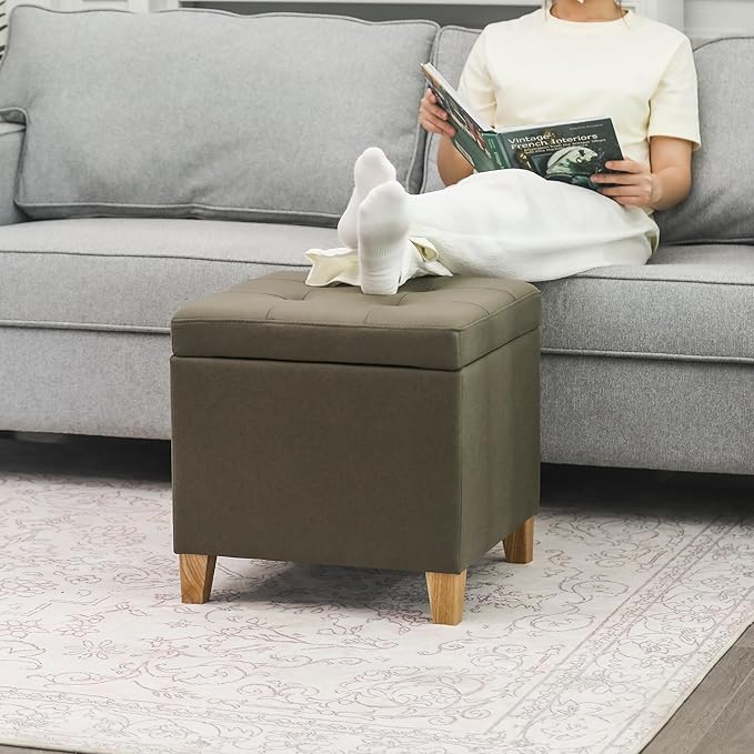 Adeco Fabric Storage Ottoman Bench with Solid Wood Legs, 17.7" Square Olive Green Leathaire Cube Foot Stool, Upholstered Button Tufted Vanity Chair with Hinged Lid for Living Room, Bedroom, Dorm-Ruum Studio Home