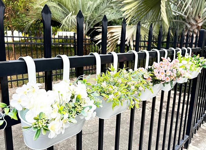 10" Hanging Flower Pots, Pack of 8 White Metal Outdoor Patio Balcony Planter, Railing Planters Fence Pot with Detachable Hook & Drainage Hole for Small Plants (White, 8Pcs)-Ruum Studio Home