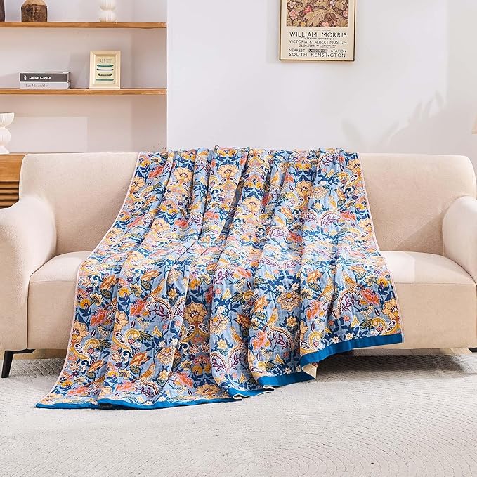 Boho Throw Blanket for Bed, 100% Cotton Soft Rustic Quilt Fall Blanket, 50"x60" Floral Printed Farmhouse Decor Bed Blankets, All Season Rustic Reversible Bohemian Throw Quilt-Ruum Studio Home
