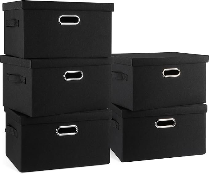 Medium 15" 21 Quart Collapsible Stackable Storage Bins with Lids, 5 Packs Black Foldable Fabric Closet Storage Boxes with Lids, Lidded Heavy-duty Linen Baskets(15x11x8)-Ruum Studio Home