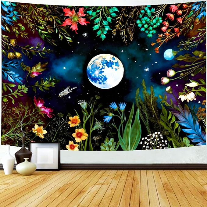 Delur Moonlit Garden Tapestry Boho Moon Floral Plant Tapestry Wall Hanging Colorful Flower Botanical Nature Night Landscape Headboard for Bedroom Living Room Home Decor (59.1" x 78.7")-Ruum Studio Home