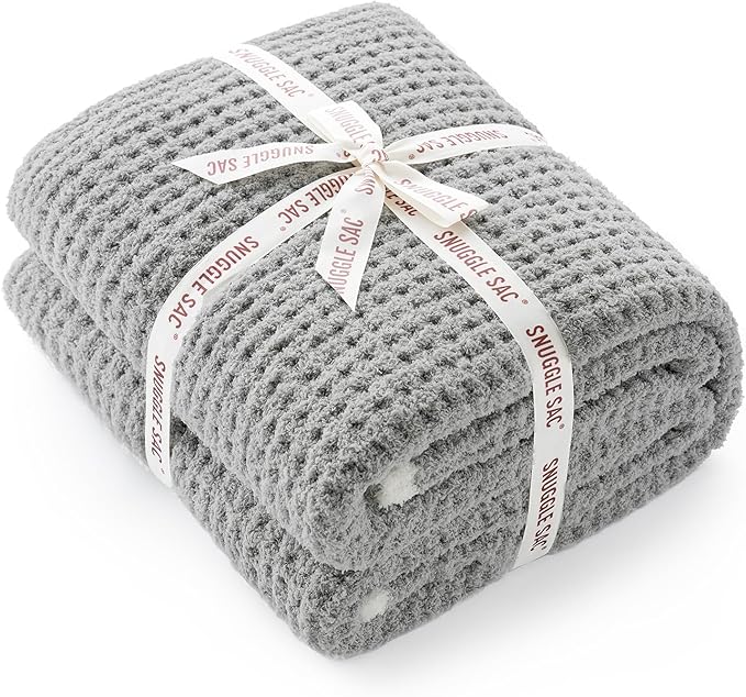 Snuggle Sac Grey Waffle Throw Blanket for Couch Bed Sofa 60x80 inches, Reversible Grey Blanket Microfiber Fluffy Fuzzy Cozy Knit Twin Blanket for Women Mothers Birthday Gifts-Ruum Studio Home