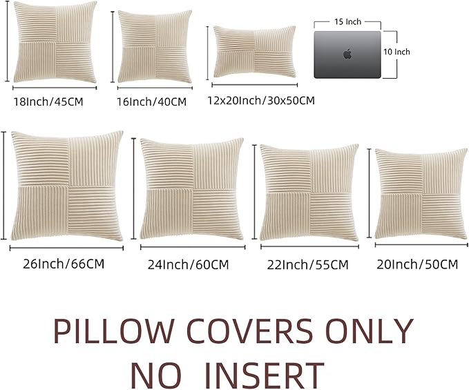 Fancy Homi 2 Packs Tan Big Decorative Throw Pillow Covers 24x24 Inch for Living Room Couch Bed Sofa, Farmhouse Boho Home Decor, Soft Corss Corduroy Patchwork Accent Square Beige Cushion Case 60x60 cm-Ruum Studio Home