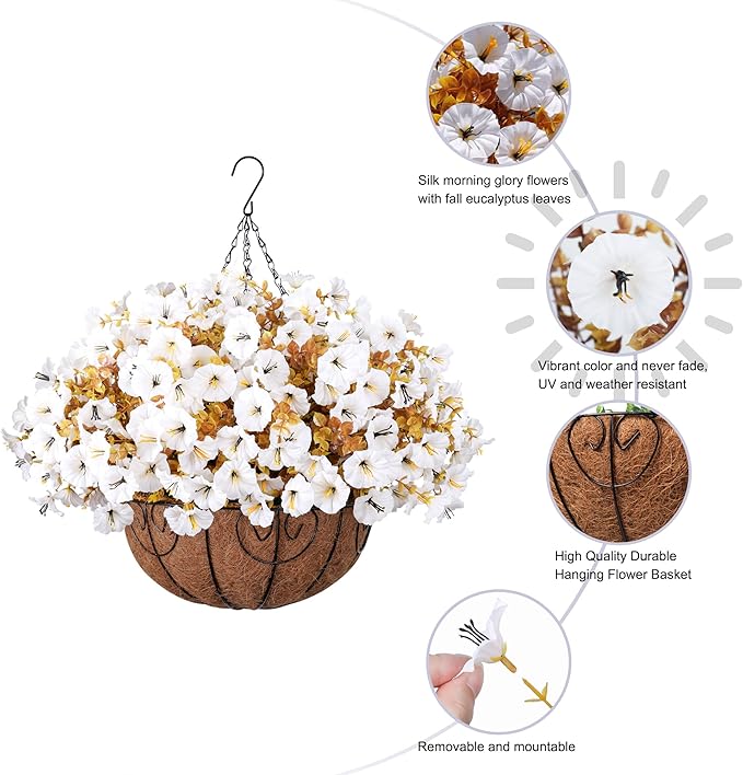 Artificial Fall Flowers Fake Hanging Plants Flowers Basket for Outdoors Autumn Decoration, Silk Morning Glory with Eucalyptus Look Real UV Resistant Faux Flowers for Outside Porch Patio Balcony, White-Ruum Studio Home