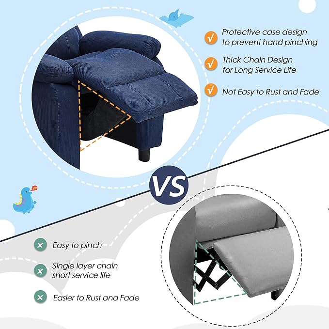 Ulax furniture Corduroy Kids Recliner Chair, Toddler Armrest Sofa Couch, Ergonomic Adjustable Lounge Sofa with Footrest, Padded Backrest, Storage Arms, Navy Recliner for Girls and Boys-Ruum Studio Home