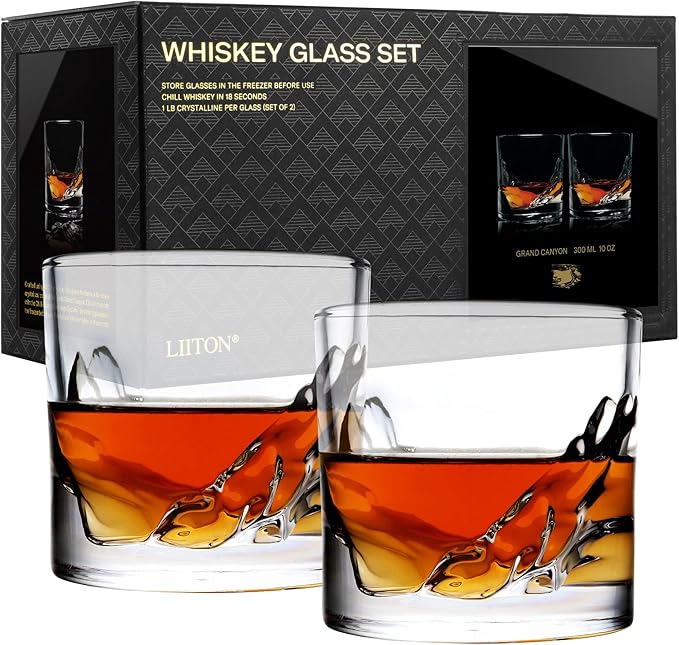 Grand Canyon Heavy Crystal Whiskey Glasses Gift Set of 2, Thick Freezable Bourbon Glass 1lb Each, Premium Whiskey Gifts for Men, Frozen Crystal Chills Cocktails, 10 oz-Ruum Studio Home