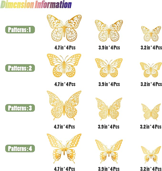SAOROPEB 3D Butterfly Wall Decor - 48 Pcs, 4 Styles, 3 Sizes, Gold Butterfly Decorations for Birthday & Party Celebrations, Removable Stickers-Ruum Studio Home