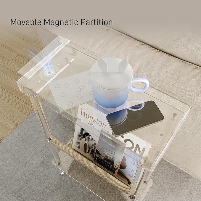 Eglaf Acrylic Narrow Side Table for Small Spaces - Slim End Table with Magazine Holder - Skinny Side Table Small Bedside Table Nightstand for Living Room Bedroom- 15.7” L x 7” W x 23.9” H, Clear-Ruum Studio Home