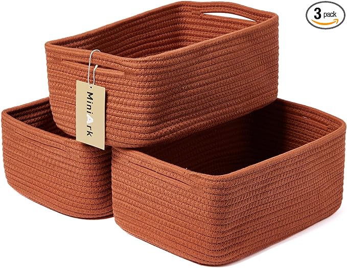 Small Storage Baskets for Organizing | Closet Organizer Bins | Shelf Toy Basket | Woven Rope Baskets | Cube Decorative Box | Shallow Basket | 13x8.5x5.1” | 3 Packs Oxide Red-Ruum Studio Home