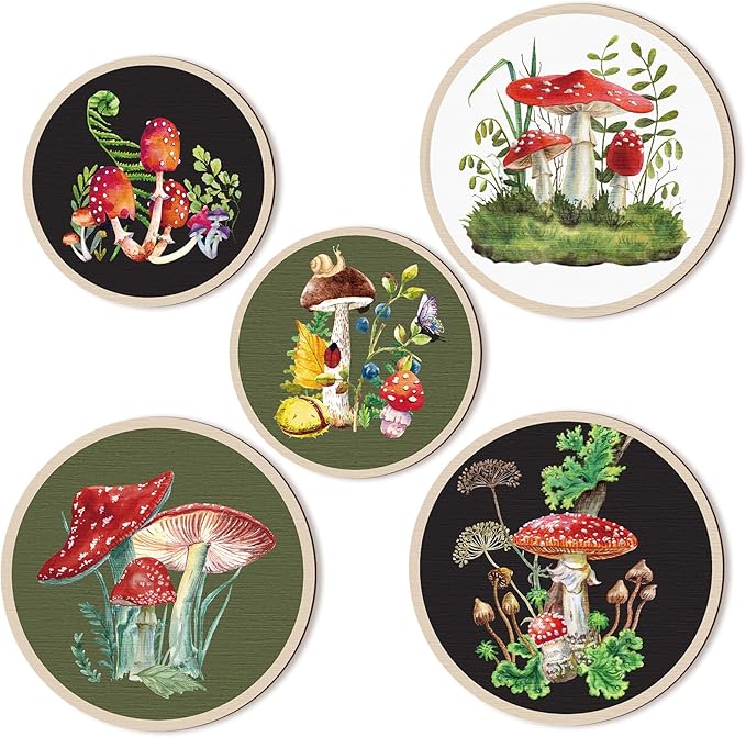 Qunclay 5 Pcs Wall Art Decor Wooden Living Room Wall Decor Bohemian Hanging Farmhouse Geometric 10'' and 8'' Aesthetic Wood Minimalist Posters for Bedroom(Mushroom)-Ruum Studio Home