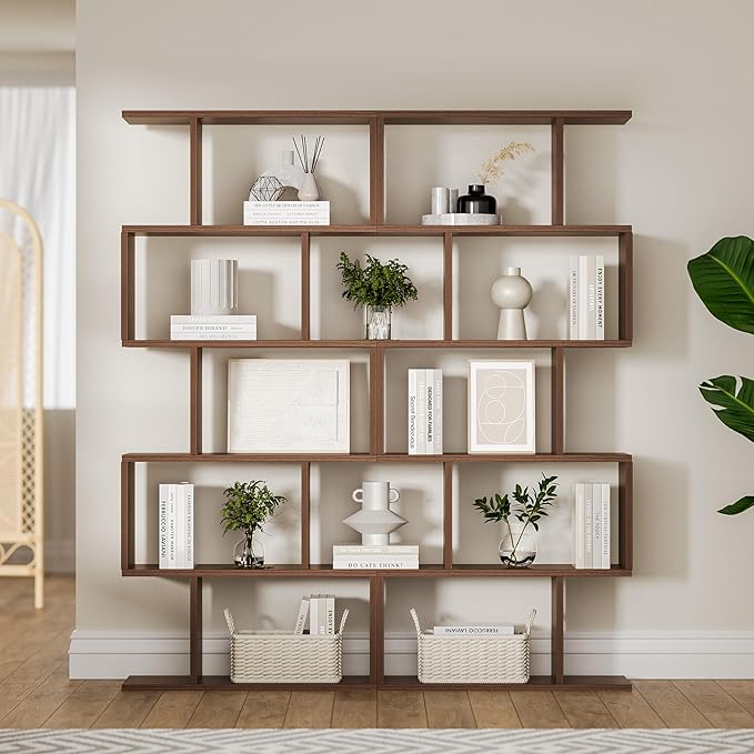 Brown 5-Tier Geometric Bookcase, S-Shaped Modern Bookshelf Set of 2, 62.6" Tall Room Divider Book Shelf, Decorative Display Shelf-Ruum Studio Home