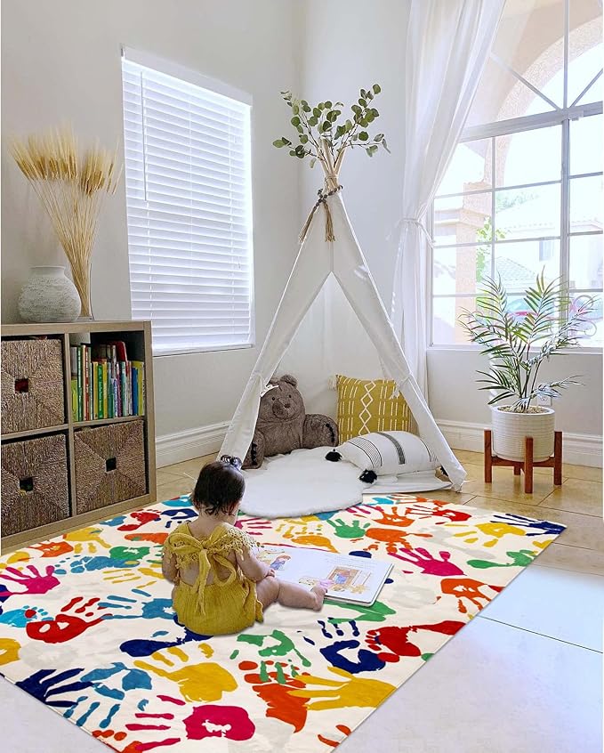 STARUIA Handprints and Footprints Large Kids Rug 5'x7', Washable Colorful Area Rug for Nursery Room, Non-Slip Play Mat Ultra Soft Indoor Carpet for Bedroom Playroom Classroom-Ruum Studio Home
