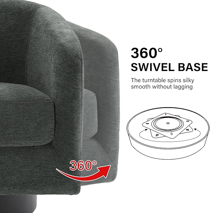 Swivel Barrel Accent Chair, Modern Round Chenille Fabric Arm Chair for Living Room, Bedroom, Comfy Club Reading Chairs for Adults（Chenille Fabric, Grey, Set of 1-Ruum Studio Home
