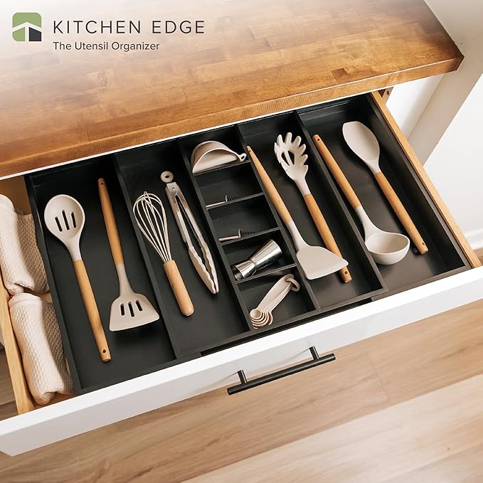 Adjustable Kitchen Drawer Organizer for Utensils and Junk, Food-Safe Contract Grade with 100% Sustainable Wood, Expandable from 16 to 28 Inches Wide - Black Bamboo-Ruum Studio Home