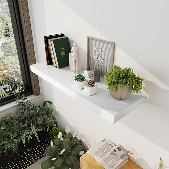 White Floating Shelves 36 Inch Long, 12 Inch Deep Floating Shelves for Wall, 36 x 12 Shelves for Wall Storage & Display, 2" Thick Floating Shelf for Bathroom, Living Room, Bedroom, Set of 2-Ruum Studio Home