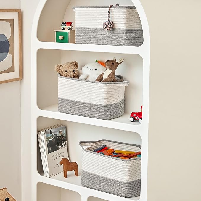 Cotton Rope Storage Basket Set of 3 (15"x10.2"x9.1") - Rectangle Storage Bins - Versatile Toy Storage Organizer - Perfect for Kids, Dog Toys, Books, Shelves - White & Grey-Ruum Studio Home