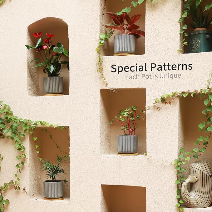 TAMAYKIM 5.25 Inch Ceramic Plant Pots with Drainage Holes and Saucers, Modern Flower Pots with Trays for Indoor Planters, Snake Plant, Succulent, Cactus and Herbs, Set of 4-Ruum Studio Home