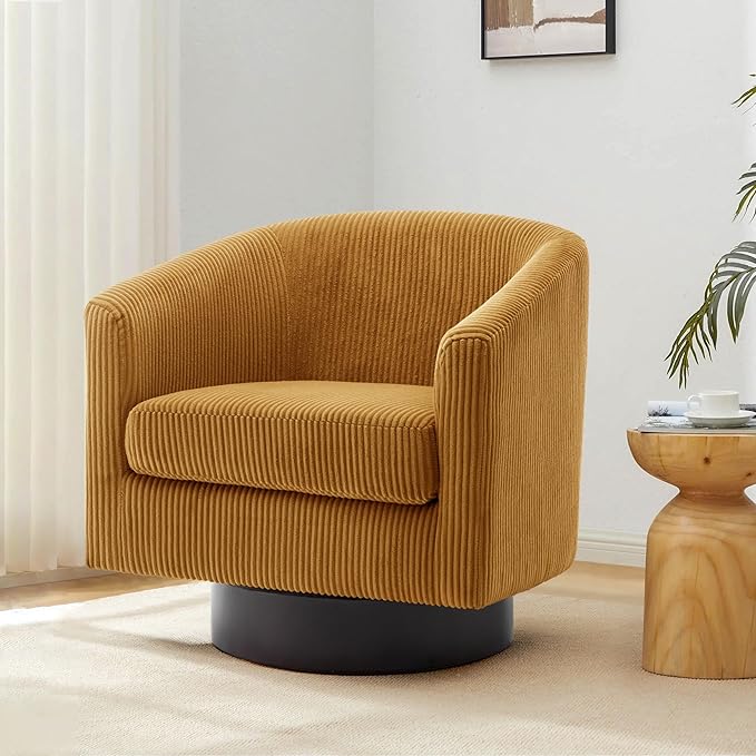 Swivel Barrel Accent Chair, Modern Round Corduroy Fabric Arm Chair for Living Room, Bedroom, Comfy Club Reading Chairs for Adults (Corduroy Orange, Set of 1)-Ruum Studio Home