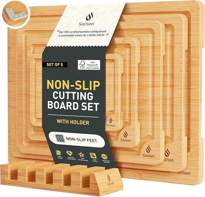 5 Packs Bamboo Cutting Board Set with Non Slip Feet Holder and Over Sink Nice Solid Thick Wood Juice Groove Chopping Board Small Big Xl XXl xlarge Oversized Kitchen Counter Organic Vegetable Meat Kit-Ruum Studio Home
