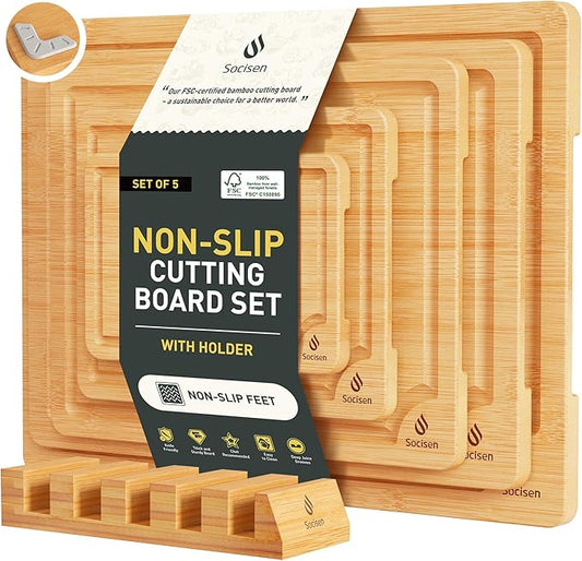5 Packs Bamboo Cutting Board Set with Non Slip Feet Holder and Over Sink Nice Solid Thick Wood Juice Groove Chopping Board Small Big Xl XXl xlarge Oversized Kitchen Counter Organic Vegetable Meat Kit-Ruum Studio Home