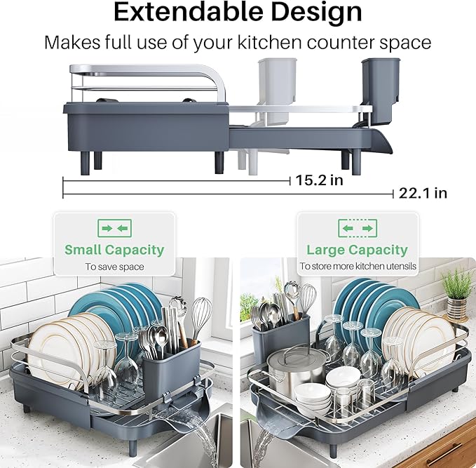 Dish Drying Rack, Expandable Dish Rack for Kitchen Counter, Stainless Steel Dish Drainer with Drainboard Set and Utensil Holder (Gray)-Ruum Studio Home