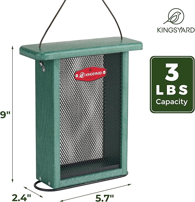 Kingsyard Metal Mesh Bird Feeder for Outdoors Hanging, Finch Feeder for Nyjer/Thistle, Sliding Mesh & Built-in Perch, Recycled Plastic, Green-Ruum Studio Home