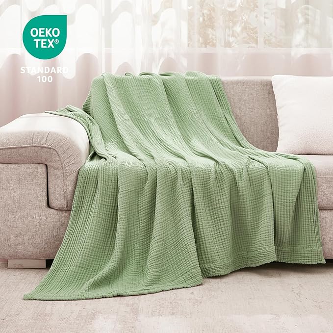 EMME Cotton Blanket Twin XL for Bed Soft Muslin Blankets 66"x90" Lightweight Breathable Layering Bedspread Coverlet All Season Gauze, Sage Green-Ruum Studio Home