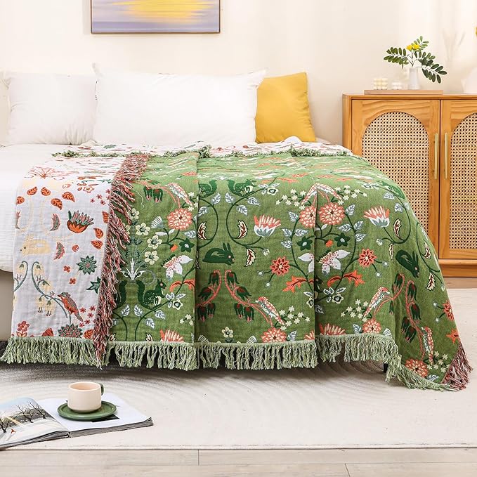 Boho Throw Blanket 80"x90", 100% Cotton Ultra Soft Luxury Throw for Couch and Sofa Blankets Home Decor, All Season Florals and Animals Throw Reversible Breathable Cozy Blankets-Ruum Studio Home