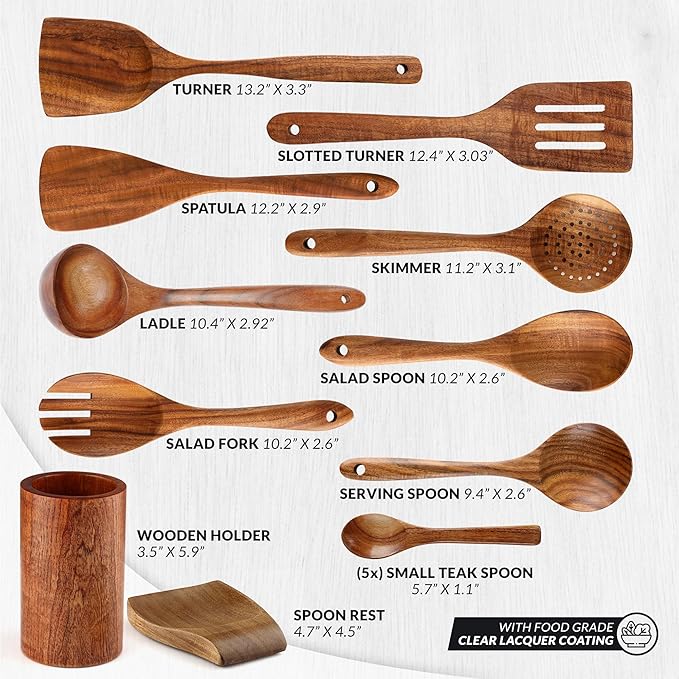 Zulay Kitchen 15-Piece Teak Wooden Utensils for Cooking - Natural Teak Utensil Set with Premium Gift Box - Non-Stick Wooden Spoons for Cooking - Kitchen Gift Set - Comfortable Grip Wooden Utensil Set-Ruum Studio Home