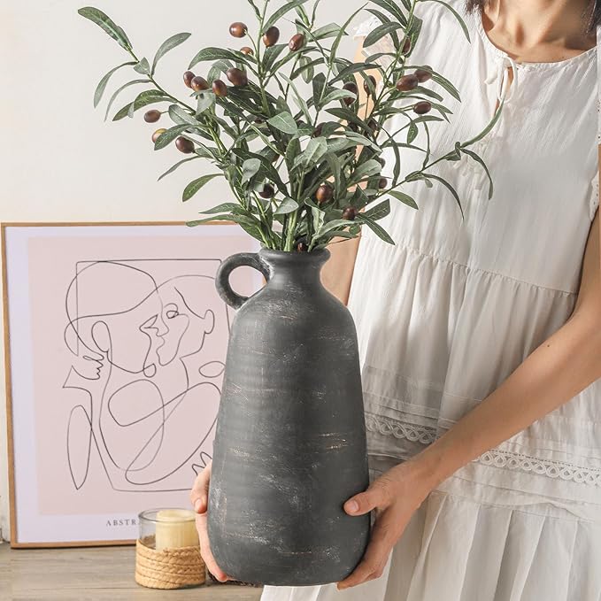 Ceramic Rustic Farmhouse Vase, 12.8" Large Rustic Black Pottery Vases Home Decor Decorative Boho Pampas Vase for Home Decor Table Living Room Decoration Shelf Mantel Enryway Kitchen-Ruum Studio Home