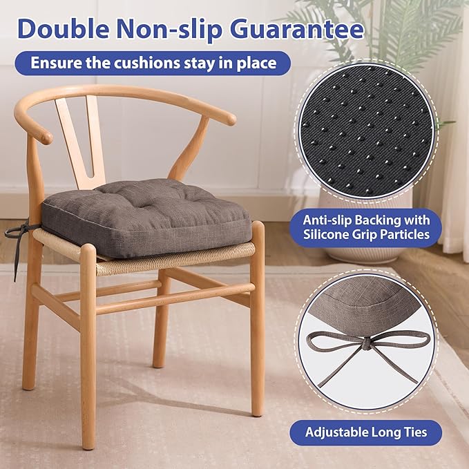 Chair Cushions for Dining Chairs, Dining Chair Cushions, Tufted Indoor Chair Pads with Ties & Non Slip Backing, Seat Cushions for Kitchen Chairs 16.5” x 16.5” x 3.5”, Set of 4, Light Brown-Ruum Studio Home