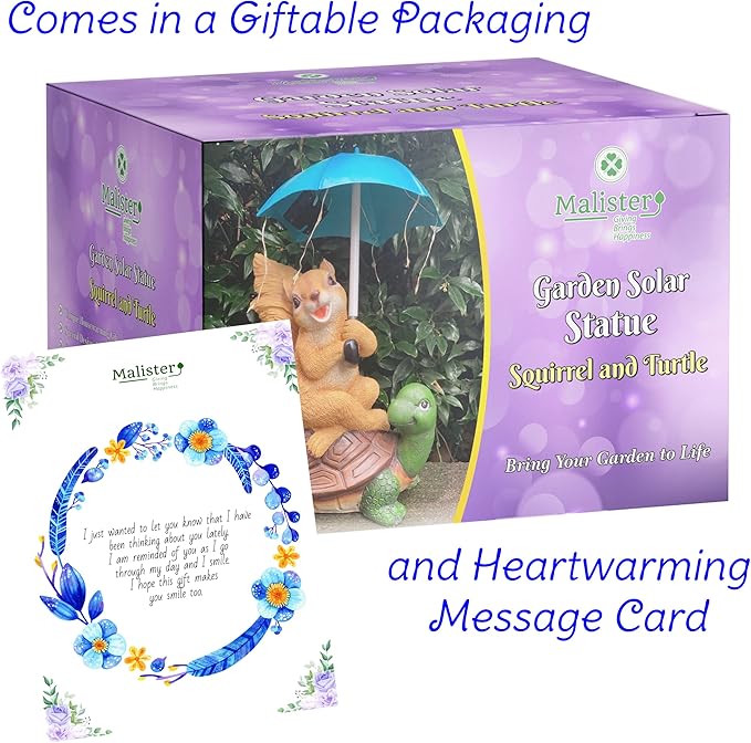 Malister Solar Garden Statue Outdoor Decor - Squirrel Siting on Turtle Statue with String Lights Umbrella for Patio, Garden Decor Garden Art Outdoor Lawn Decor Yard Art, Housewarming Garden Gifts-Ruum Studio Home