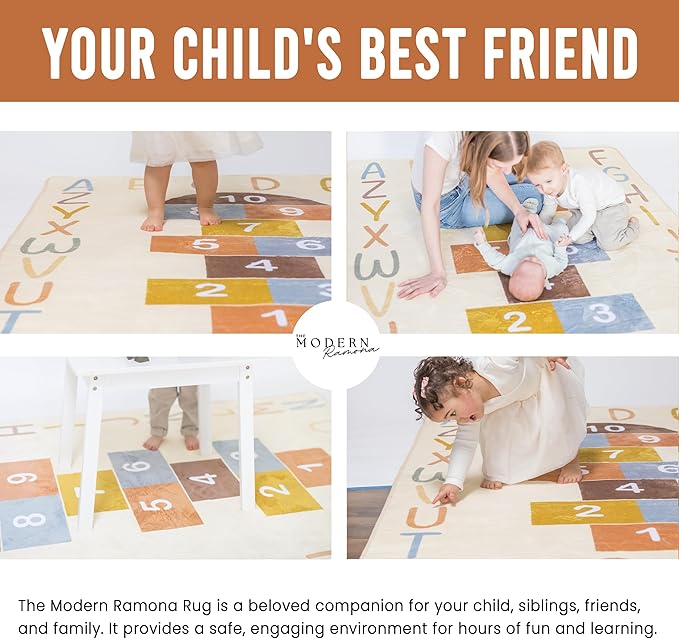 Washable Hopscotch Rug for Kids | Educational ABC & Numbers Carpet for Toddler Playroom or Classroom | 4.6' x 6.5' Non-Slip Play Mat | Neutral Decor-Ruum Studio Home