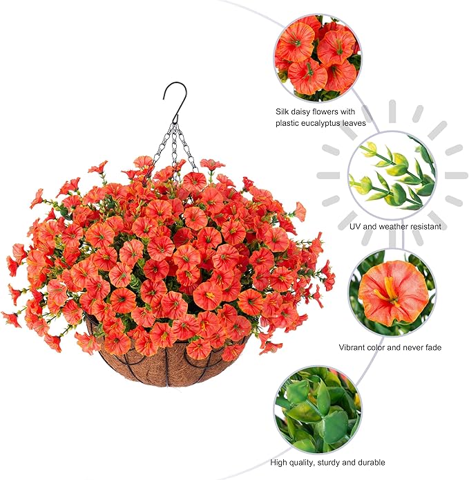 Artificial Fall Flowers Fake Hanging Plants Flowers Basket for Outdoors Autumn Decoration, Orange Silk Morning Glory with Eucalyptus Look Real UV Resistant Faux Flowers for Outside Porch Patio Balcony-Ruum Studio Home