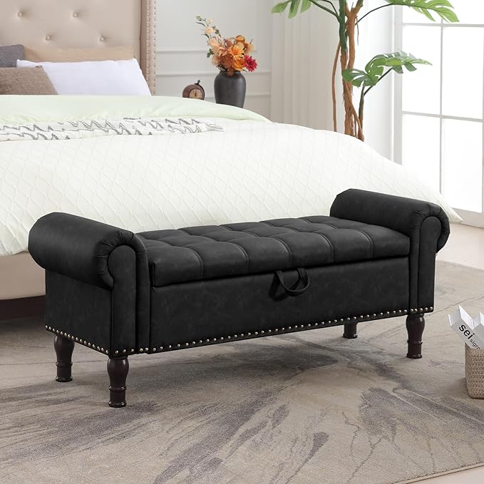 Storage Ottoman Bench for Bedroom, 51" Upholstered Bedroom Bench with Rolled Arms and Vintage Rivets, Large Storage Chest for Living Room, Bedroom, Entryway, Black-Ruum Studio Home