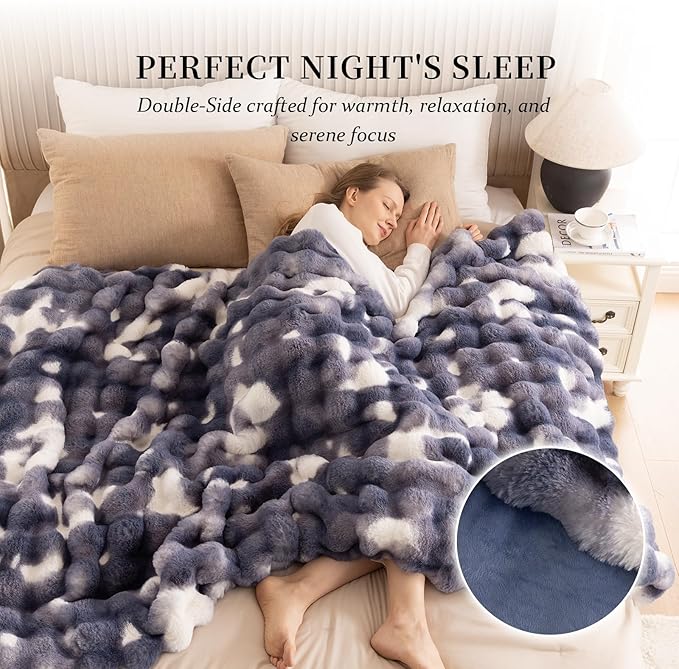 Cozy Faux Fur Throw Blanket for Couch-Warm Fuzzy Throw Blanket, Soft Plush Thick Bubble Blankets for Bedroom and Living Room, Furry Luxury Blanket, 50 x 60,Tie-Dye Blue-Ruum Studio Home