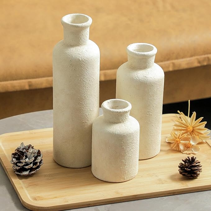 Ceramic Vases Set of 3, Whitewashed Neutral Flower Vases Home Decor, Pottery Rustic Farmhouse Decorative Vases Modern Decor for Table Mantel Entryway Bookshelf Living Room Kitchen Bedroom-Ruum Studio Home
