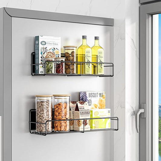 2 Pack Magnetic Spice Rack Organizer, Space Saver for Refrigerator and Microwave Oven, Magnetical Fridge Shelf for Jars, Seaoning, tins and Utensils Black-Ruum Studio Home