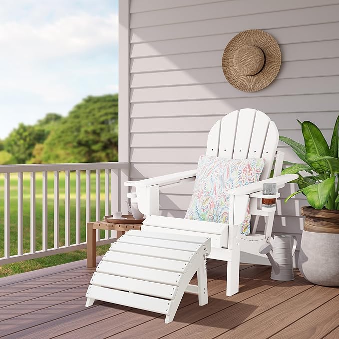 Sundale Outdoor Folding Plastic Adirondack Ottoman, All-Weather Adirondack Chair Footrest, Fade and Rust Resistant, Perfect for Outside Patio Garden Pool Yard White-Ruum Studio Home