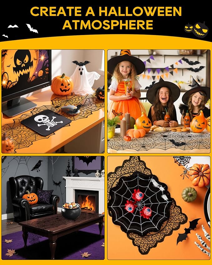 eZAKKA Halloween Table Runner with 4Pcs Placemat, Black Lace Spider Web Table Runners for Parties Gothic Spooky Home Decorations, 18 x 72 Inch-Ruum Studio Home
