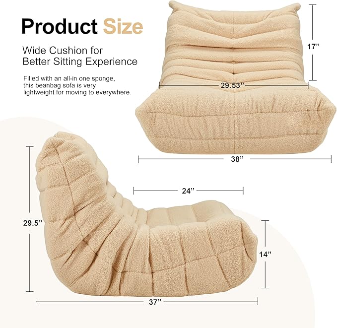 Bean Bag Chairs for Adults Giant Bean Bag Chair Memory Foam BeanBag Chair Big Bean Bag Sofa with Filler Faux Fur Fireside Beanbags Lazy Sofa for Living Room Bedroom Dorm Office (Khaki Teddy)-Ruum Studio Home