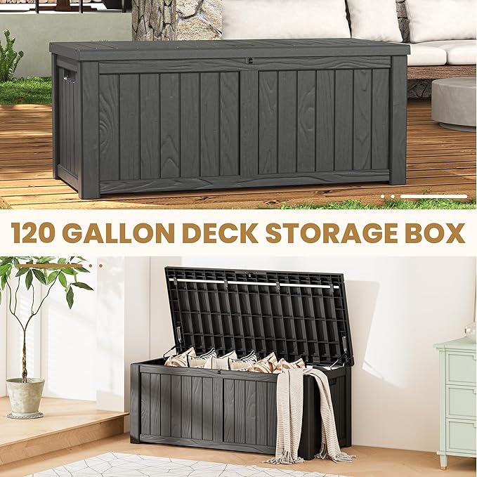 Deck Box, 120 Gallon Outdoor Storage Box Lockable Patio Waterproof for Furniture, Garden Tools, Sports Equipment and Pool Supplies, Waterproof, Resin, Lockable-Ruum Studio Home
