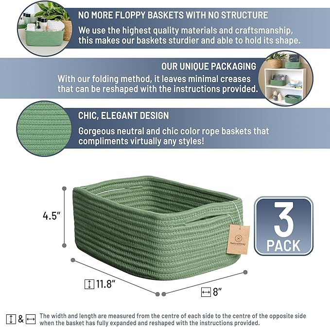 NaturalCozy 11.8"x8"x4.5” Rectangle Storage Baskets for Shelves 3 Pack | Cotton Rope Woven Small Baskets for Organizing | Small Storage Bins for Nursery, Bathroom, Closet, Shelf, Decorative, Gift-Ruum Studio Home