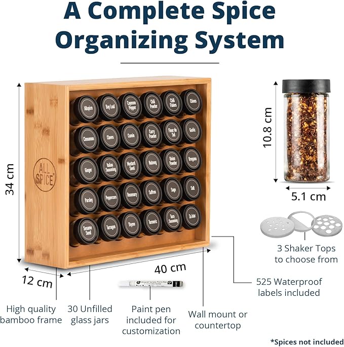 AllSpice Spice Rack Organizer, Wood, 525 Unique Labels, Countertop or Wall Mount, Includes 30 4oz Jars- Bamboo-Ruum Studio Home